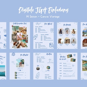 Puede incluir: Una invitación digital para una despedida de soltera con un esquema de color azul y blanco. La invitación incluye un cronograma de eventos, una lista de reproducción, inspiración para atuendos y una lista de las asistentes. El texto de la invitación dice "Digitale JGA Einladung" y "14 Seiten Canva Vorlage".