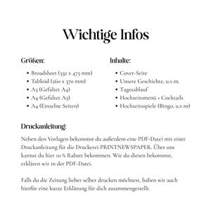May include: A white document with black text detailing sizes, content, and printing instructions. Sizes include Broadsheet (13 x 18.7 inches), Tabloid (10.2 x 14.6 inches), and A3, A4 folded and single-page A4 sizes. Content includes cover page, history, schedule, menu, and games.
