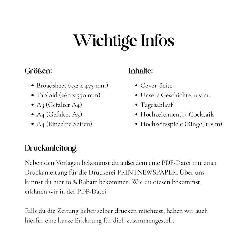 May include: A white document with black text detailing sizes, content, and printing instructions. Sizes include Broadsheet (13 x 18.7 inches), Tabloid (10.2 x 14.6 inches), and A3, A4 folded and single-page A4 sizes. Content includes cover page, history, schedule, menu, and games.