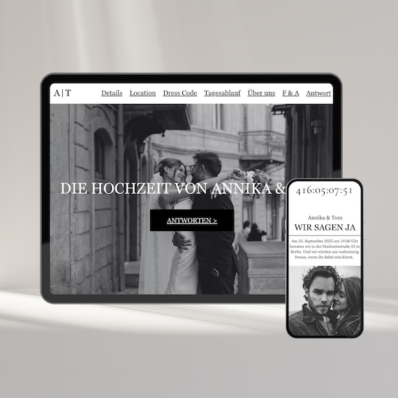 Hochzeit Webseite Elegant - Digitale Canva Vorlage - Mit RSVP + Countdown + Video