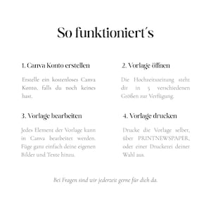 May include: White background with black text in German. The text reads "So funktioniert's" and provides instructions on creating a Canva account, opening a template, editing the template, and printing. The image also includes the text "Bei Fragen sind wir jederzeit gerne f&uuml;r dich da."