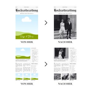 May include: A newspaper-style wedding announcement with the headline "Hochzeitszeitung" and the text "Breaking News: Wir sagen Ja." The design includes a before and after layout, with images and text. The names "Steffi & Tobias" are also visible.