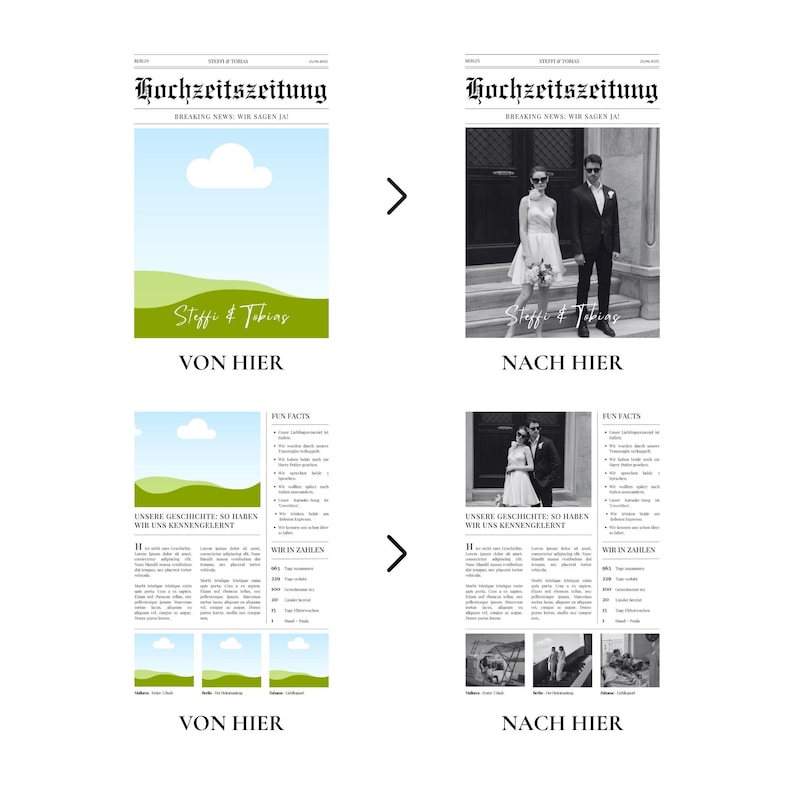May include: A newspaper-style wedding announcement with the headline "Hochzeitszeitung" and the text "Breaking News: Wir sagen Ja." The design includes a before and after layout, with images and text. The names "Steffi & Tobias" are also visible.