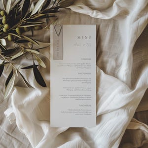 Hochzeitsmenükarte mit Namensschild - Personalisierbare Canva Vorlage