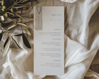 Tarjeta de menú de boda con etiqueta de nombre - Plantilla personalizable de Canva