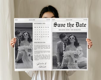 Save the Date Wedding Newspaper - Digital Canva Template - Save the Date Idea