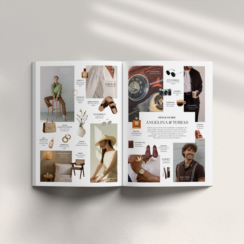 Puede incluir: Una revista de moda con el titular "ANGELINA & TOBIAS". La p&aacute;gina presenta una gu&iacute;a de estilo con varios art&iacute;culos de moda, incluyendo ropa, accesorios y productos de belleza. La paleta de colores es neutra con toques de color.