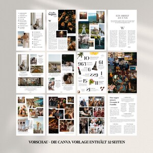 Puede incluir: Un dise&ntilde;o de revista con fotos y texto. Las p&aacute;ginas presentan im&aacute;genes de personas, lugares y objetos. El texto incluye "Wie begann", "Ein Brief an uns" y "VORSCHAU - DIE CANVA VORLAGE ENTH&Auml;LT 32 SEITEN".