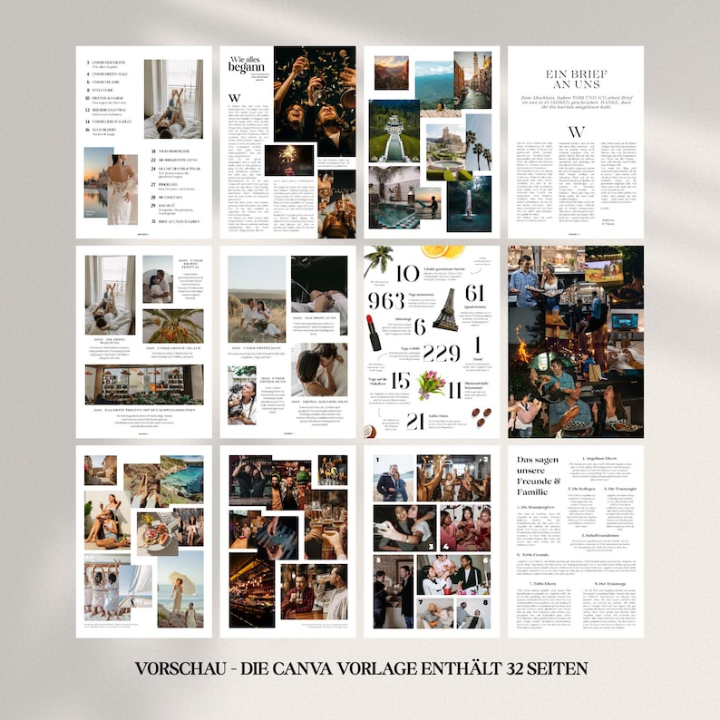 Puede incluir: Un dise&ntilde;o de revista con fotos y texto. Las p&aacute;ginas presentan im&aacute;genes de personas, lugares y objetos. El texto incluye "Wie begann", "Ein Brief an uns" y "VORSCHAU - DIE CANVA VORLAGE ENTH&Auml;LT 32 SEITEN".