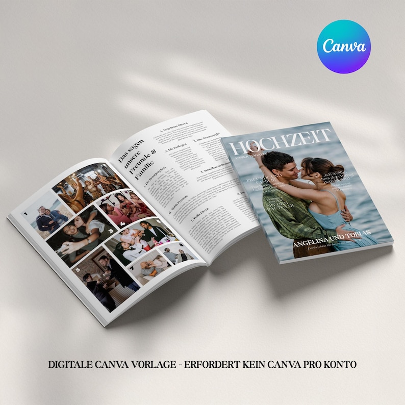 Puede incluir: Una revista abierta con fotos de boda y texto, junto a una revista titulada "HOCHZEIT" con una pareja abraz&aacute;ndose en la portada. El logotipo de Canva es visible. El texto "DIGITALE CANVA VORLAGE - ERFORDERT KEIN CANVA PRO KONTO" est&aacute; en la parte inferior.