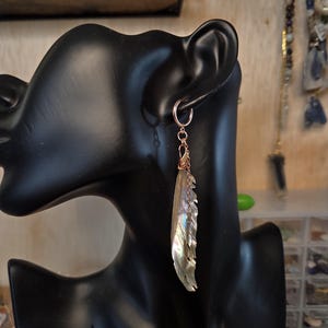 Boho Feather Earrings – Handcarved Abalone Shell Dangle Earrings, Statement Jewelry Gift for Her, Sterling Silver, 18k Gold, 14k Rosegold