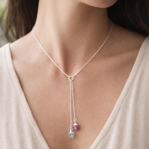 Collier lariat avec pierres précieuses appariées - Pierre de naissance personnalisée ou cadeau pour couple, collier en Y, cadeau pour elle, bijoux de mariage, pierre brute minimale