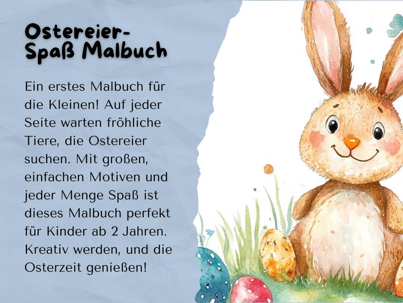 May include: A colorful Easter-themed coloring book with a cute bunny rabbit illustration. The book is titled "Ostereier-Spa&szlig; Malbuch" and is described as a fun activity for children ages 2 and up.