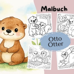Peut inclure: Un livre de coloriage en noir et blanc mettant en scène Otto le Loutre. La couverture montre une loutre de dessin animé avec une expression amicale. Le titre "Otto Otter" est écrit dans un cercle bleu. Le livre a 35 pages et est intitulé "Malbuch".