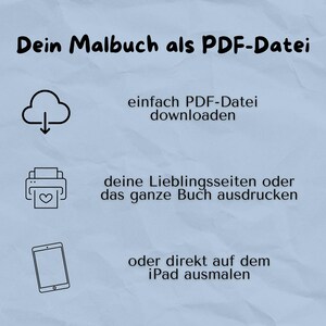 May include: A graphic with three icons showing how to use a digital coloring book. The first icon shows a cloud with a download arrow, the second icon shows a printer with a heart, and the third icon shows a tablet. The text reads "Dein Malbuch als PDF-Datei", "einfach PDF-Datei downloaden", "deine Lieblingsseiten oder das ganze Buch ausdrucken", and "oder direkt auf dem iPad ausmalen".