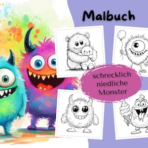 Könnte beinhalten: Ein Malbuch mit dem Titel "Malbuch" und dem Text "schrecklich niedliche Monster". Das Buch hat 50 Seiten und zeigt Schwarzweißillustrationen von verschiedenen Monstern.