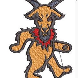 May include: Embroidered design of a stylized goat with a red collar and a walking pose. The goat is primarily tan with black outlines and accents, and a gray face. The design is likely for apparel or accessories.