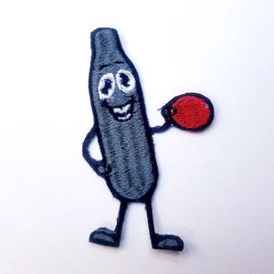 May include: A blue cartoon bottle character with a smiling face and big eyes, holding a red ball in its right hand. The character has two legs and is standing on a white background.