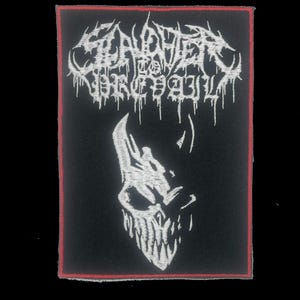 May include: Black rectangular patch with a red border. The patch features white embroidered text that reads "Slaughter to Prevail" above a white skull graphic with sharp teeth. The design is on a black background.