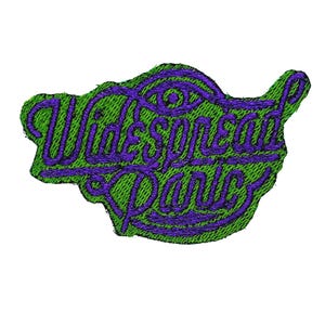 May include: Embroidered patch with the words "Widespread Panic" in purple script over a green background. The patch has a unique shape and features an eye design above the text.