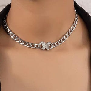 Silver Gold Butterfly Chain Necklace, Rhinestone Butterfly Choker, Y2K Aesthetic Jewelry, Statement Streetwear Necklace