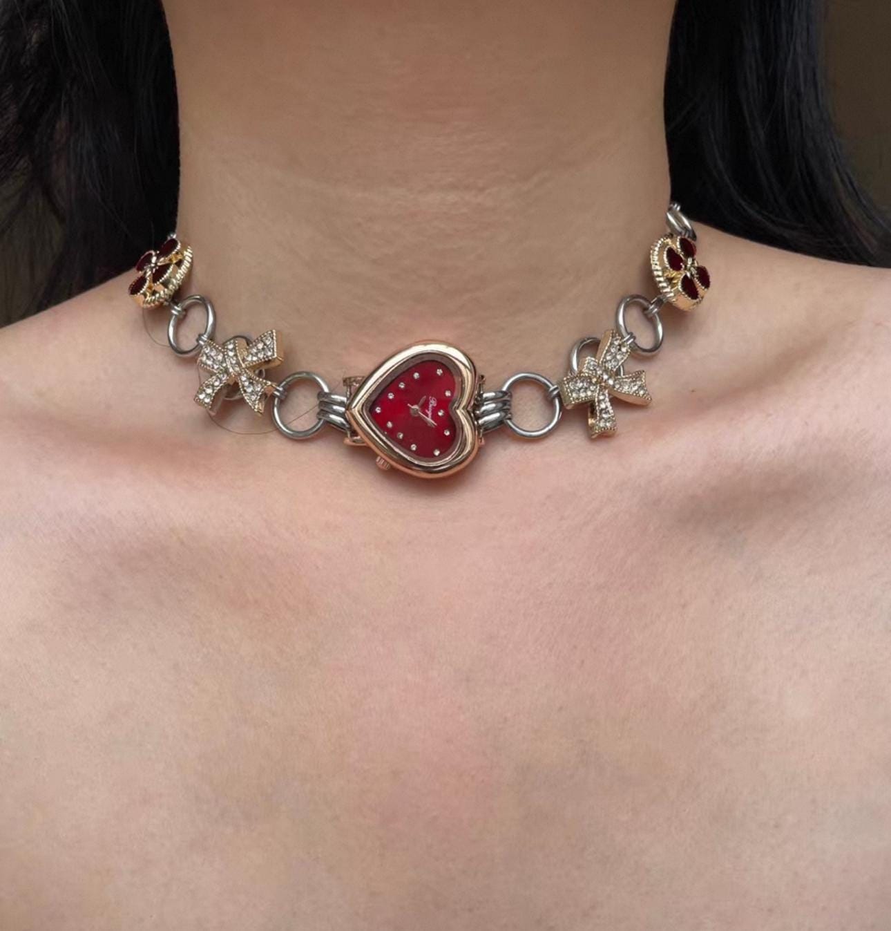 Heart Design Watch Punk Choker, Mini Ribbon Chain Jewelry
