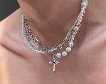 Gothic Silber Kreuz Perlenkette Halskette Schmuck