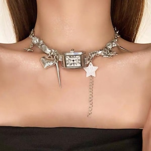 Punk Gothic Silver Choker, Watch Charm chain Necklace with Spikes, Star & Heart Jewelry