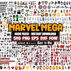 May include: A digital graphic design download featuring a variety of Marvel-themed images, including characters, logos, and fonts. The design includes the text "MARVEL MEGA" and "4000 FILES! - INSTANT DOWNLOAD". Compatible with Cricut and Silhouette machines.
