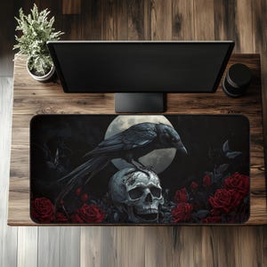 Gothic Raven and Skull Desk Mat, Large Mouse Pad with Full Moon and Rose Design, Dark Aesthetic Gaming or Office Mat for Horror Lovers