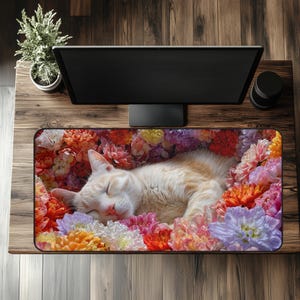 May include: A rectangular mouse pad featuring a sleeping orange and white cat nestled among colorful flowers. The flowers include shades of orange, pink, purple, and yellow. The pad is on a wooden desk, with a computer monitor and other items visible.