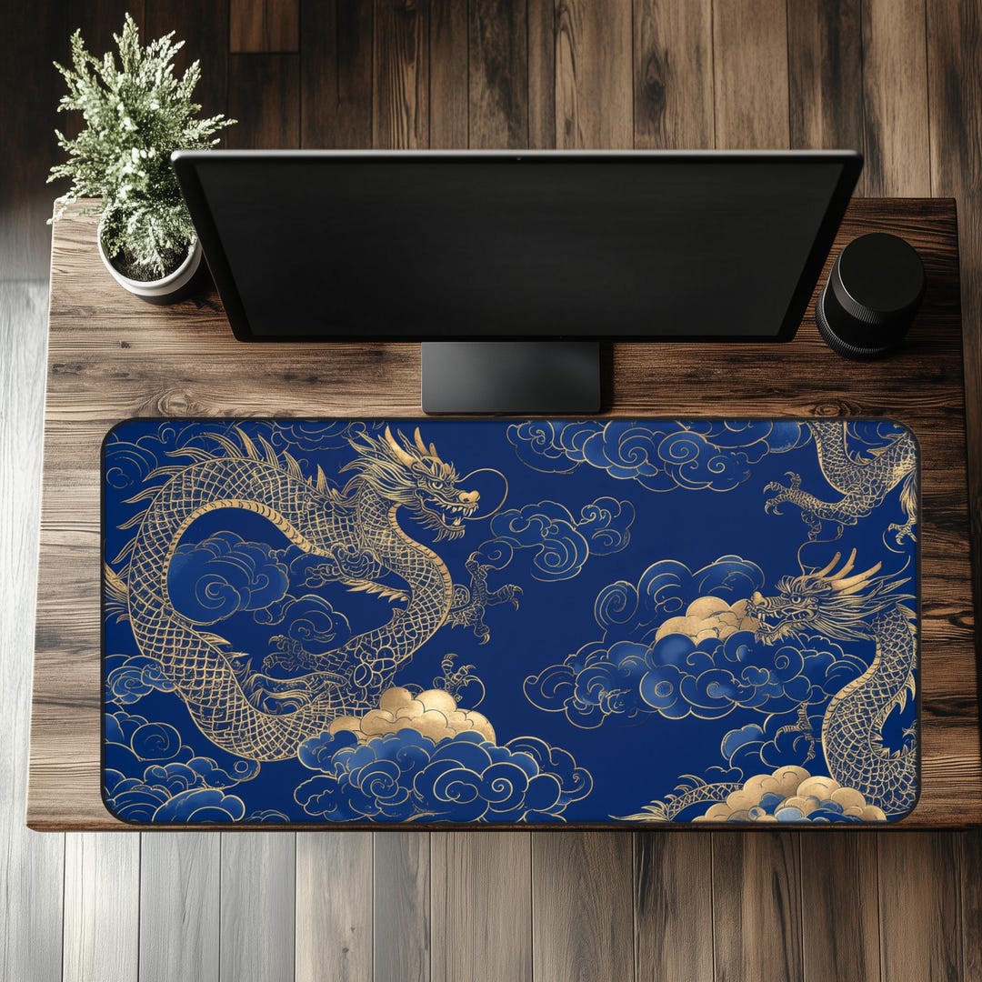 Dragon Ruler Mat Japanese Dragon Desk Mat, Gold Asian Art, Blue Moody Deskpad, Celestial ...