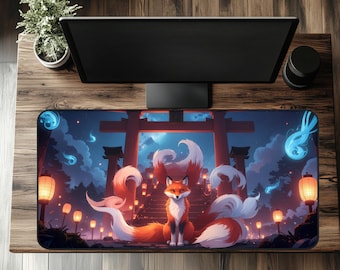 May include: A large rectangular mousepad featuring a nine-tailed fox in a Japanese-inspired setting. The design includes a red torii gate, glowing lanterns, and a night sky with blue ethereal flames. The fox has orange and white fur.