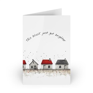 Carte de voeux blanche, « Ce bloc est devenu plus lumineux », carte minimaliste avec enveloppe, illustration de la maison, intérieur vierge, note réfléchie