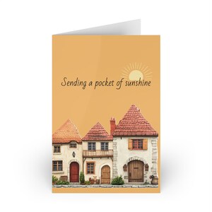 Sending hugs card, cozy greeting card with house art, blank inside card with envelope, comforting card, encouragement, cottagecore design