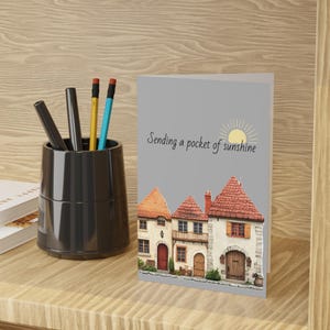 Whimsical house greeting card, watercolor cottage art, blank card with envelope, unique stationery, any occasion, cheerful gift idea