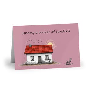 Pink greeting card with house drawing, "Sending a pocket of sunshine", sweet blank card with envelope, cheerful stationery gift, mom gift