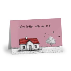 Carte de voeux rose poudré, illustration de la maison, jolie carte avec enveloppe, design doux et confortable, intérieur vierge, charmant cadeau de papeterie, cadeau pour maman