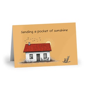 Yellow greeting card with house design, "Sending a pocket of sunshine", cheerful blank card with envelope, cute illustrated stationery