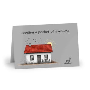 Gray greeting card with house design, "Sending a pocket of sunshine", modern card with envelope, blank inside, cozy illustrated gift