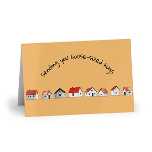 Carte de voeux jaune avec motif maison, « Je vous envoie des câlins à la taille d'une maison », carte vierge chaleureuse avec enveloppe, note douillette illustrée, cadeau de bien-être