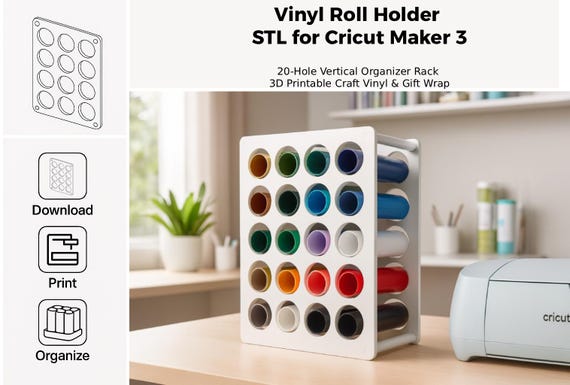 Vinyl Roll Holder STL for Cricut Maker, Joy, Silhouette Cameo – 20-Hole Vertical Organizer Rack, 3D Printable Craft Vinyl, Gift Wrap Storage