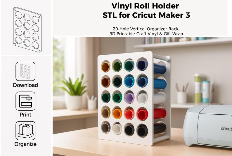 Puede incluir: Un organizador vertical blanco de 20 orificios para rollos de vinilo artesanal. El estante est&aacute; lleno de rollos de varios colores, incluyendo verde, azul, rojo y amarillo. El texto en la imagen dice "Vinyl Roll Holder STL for Cricut Maker 3".