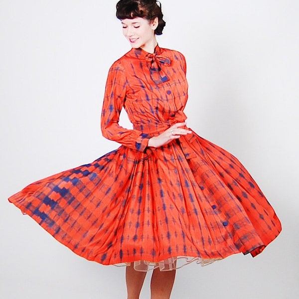 Vintage 1950s Dress - 50s Party Dress - Tangerine & Indigo DNA Print