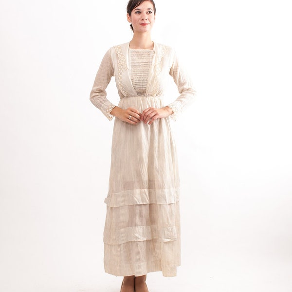 Antique Edwardian Dress - Downton Abbey Dress - White and Grey Pinstripe Tea Dress