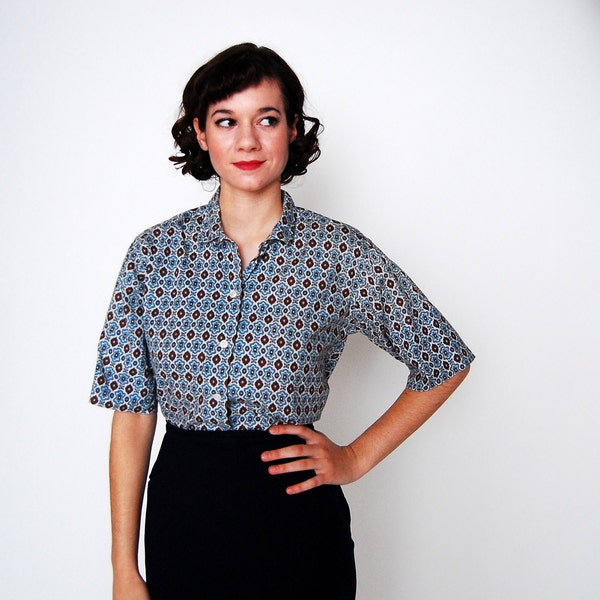 Vintage 1960s Shirt - 60s Blouse - Blue & Brown Geometric Print