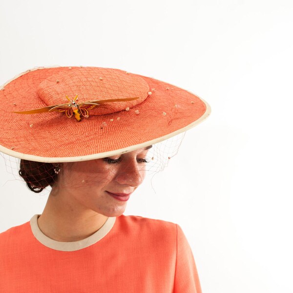 Vintage 1940s Hat - 40s Cartwheel Hat - Summer Coral
