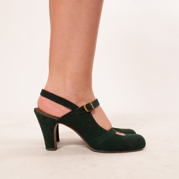 30s Shoes - 1930s Shoes - Emerald Green Brushed Leather