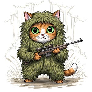 Bandera de gato de dibujos animados con traje Ghillie