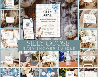 Silly Goose Boy Baby Shower Bundle | Invitations, Games & Printables | Blue Gingham Decorations | Instant Download